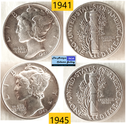 VINTAGE?US MINT WORLD WAR 2 SILVER MERCURY DIMES??AS DEPICTED??