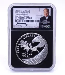 NGC PF70 UCAM - EDMUND MOY SIGNED 2020 WW2 75TH END OF WAR SILVER PROOF MEDAL