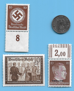 GERMANY WW2 1941 G 1 RPF SWASTIKA COIN & HITLER SWASTIKA STAMP LOT WW2 ERA #20