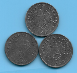 GERMAN THIRD REICH 1942 1943 1944 1, RPF SWASTIKA EAGLE COIN LOT WW2 ERA #22
