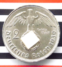 GERMAN 2 REICHSMARK 1939 B HINDENBURG SWASTIKA SILVER COIN 3RD WW2 RARE MARK UNC