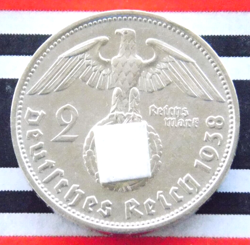 GERMAN 2 REICHSMARK 1938 D SWASTIKA HINDENBURG SILVER COIN 3RD WW2 UNC MARK