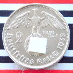 GERMAN 2 REICHSMARK 1938 B SWASTIKA HINDENBURG SILVER COIN 3RD WW2 MARK UNC