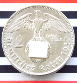 GERMAN 2 REICHSMARK 1937 A SWASTIKA HINDENBURG SILVER COIN 3RD WW2 RARE MARK UNC
