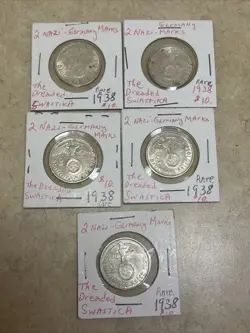 LOT OF 5 ~ 1938 GERMANY SILVER 2 MARKS, WORLD WAR 2, PAUL VON HINDENBURG RARE