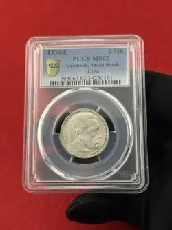 PCGS MS 62 1938 E 2 MARK GERMAN WW2 SILVER COIN THIRD REICH REICHSMARK