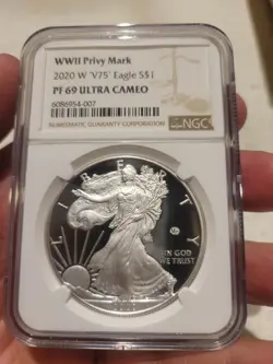 ?? BROWN NGC PF69 2020 W V75 WORLD WAR II 2 WW2 AMERICAN SILVER EAGLE WWII 2 75.