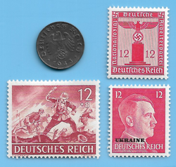 GERMANY WW2 1943 J 1 RPF SWASTIKA COIN & HITLER SWASTIKA STAMP LOT WW2 ERA #15