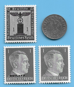 GERMANY WW2 1943 G 1 RPF SWASTIKA COIN & HITLER SWASTIKA STAMP LOT WW2 ERA 22