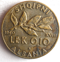 1940 ALBANIA 0.10 LEK - WW2 - RARE LOW MINTAGE COIN - HIGH VALUE - LOT #G24
