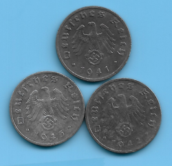 GERMAN THIRD REICH 1941 1942 1943 F 1, RPF SWASTIKA EAGLE COIN LOT WW2 ERA #28