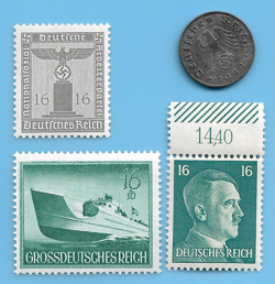 GERMANY WW2 1942 J 1 RPF SWASTIKA COIN & HITLER SWASTIKA STAMP LOT WW2 ERA #28