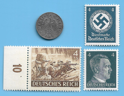 GERMANY WW2 1940 F 1 RPF SWASTIKA COIN & HITLER SWASTIKA STAMP LOT WW2 ERA #18