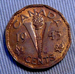CANADIAN 1943 CANADA TOMBAC WW2 WAR NICKEL 5 FIVE CENTS AU-BU