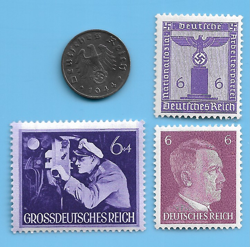 GERMANY WW2 1944 D 1 RPF SWASTIKA COIN & HITLER SWASTIKA STAMP LOT WW2 ERA #50