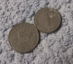HEAVILY CIRCULATED WW2 1 & 5 REICHSPFENNIG , WWII ERA , SEE PHOTOS!!