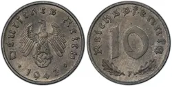 PCGS MS64 1943-F 10 PFENNIG PFG GERMANY, THIRD REICH J.371 WW2 *ONE HIGHER*