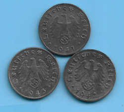 GERMAN THIRD REICH 1941 1942 1943 1, RPF SWASTIKA EAGLE COIN LOT WW2 ERA #34
