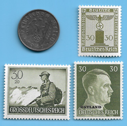 GERMANY WW2 1941 E 10 RPF SWASTIKA COIN & HITLER SWASTIKA STAMP LOT WW2 ERA #34
