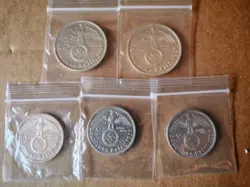 5 OFFICIAL REICHSMARK COINS 1936 - 1939 GERMAN WW2