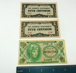 3 1940S MONEY 1 MILITARY PAYMENT CERTIFICATE BILL 2 WW2 JAPANESE GOVERNMENT BILL