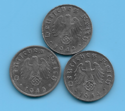GERMAN THIRD REICH 1942 1943 1944 1 RPF SWASTIKA EAGLE COIN LOT WW2 ERA #40
