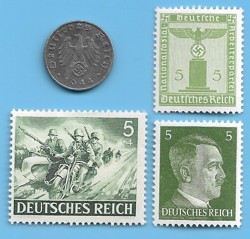 GERMANY WW2 1944 B 1 RPF SWASTIKA COIN & HITLER SWASTIKA STAMP LOT WW2 ERA #40