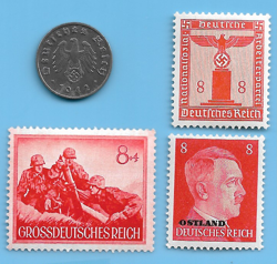 GERMANY WW2 1942 A 1 RPF SWASTIKA COIN & HITLER SWASTIKA STAMP LOT WW2 ERA #40