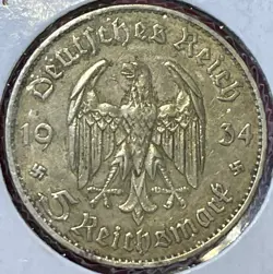 GERMAN 5 MARK REICHSMARK 1934 F POTSDAM CHURCH SWASTIKA DATE SILVER COIN 3RD WW2