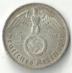 NAZI GERMANY 5 REICHSMARK 1939 WW2 SILVER HINDENBURG  KM#94