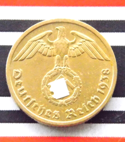 GERMAN COIN 1938 B 10 REICHSPFENNIG SWASTIKA BRASS 3RD REICH WW2 RARE PFENNIG