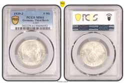 PCGS MS61 5 MARK 1939 J SWASTIKA GERMANY THIRD REICH SILVER COIN J-367 WW2 MARK