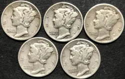 1941-S 1942-S 1943-S 1944S 1945 MICRO S MERCURY 10 CENT SILVER DIME LOT WW2 5 PC