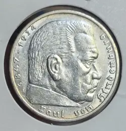 NICE  1936 A WW2 GERMAN NAZI 5 MARK COIN WITH SWASTIKA