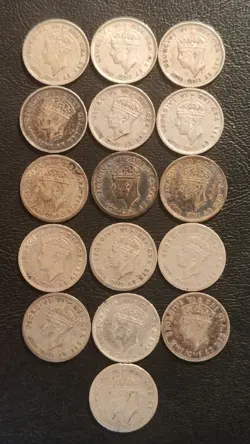 NEWFOUNDLAND, 16 PIECE LOT OF WW2 ERA, 5 CENT SILVER BULLION COINS.