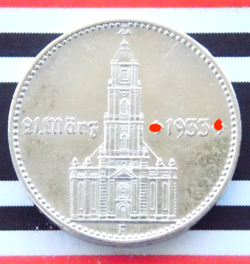 GERMAN 2 REICHSMARK 1934 F POTSDAM CHURCH SWASTIKA DATE SILVER COIN 3RD WW2 MARK