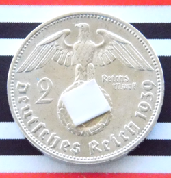 GERMAN 2 REICHSMARK 1939 J HINDENBURG SWASTIKA SILVER COIN 3RD WW2 RARE MARK UNC