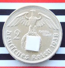 GERMAN 2 REICHSMARK 1938 D HINDENBURG SWASTIKA SILVER COIN 3RD WW2 RARE MARK UNC