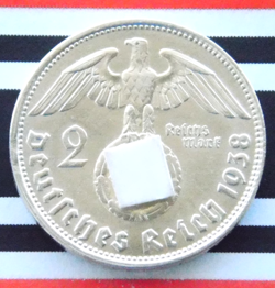 GERMAN 2 REICHSMARK 1938 B HINDENBURG SWASTIKA SILVER COIN 3RD WW2 RARE MARK UNC