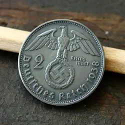 WW2 100% ORIGINAL GERMAN 2 MARK SILVER COIN WITH PAUL VON HINDENBURG/BLACK/ 1938