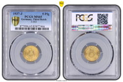 PCGS MS65 5 PFENNIG 1937 J SWASTIKA GERMANY THIRD REICH J-363 COIN WW2 5 PFG UNC