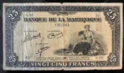 MARTINIQUE 25 FRANCS WW2 ISSUE BY EA WRIGHT BANKNOTE CO. WELL CIRCULATED.