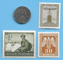 GERMANY WW2 1943 B 1 RPF SWASTIKA COIN & HITLER SWASTIKA STAMP LOT WW2 ERA #52