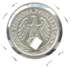 GERMAN COIN 50 REICHSPFENNIG 1939 F NICKEL SWASTIKA 3RD REICH WW2 PFENNIG RARE