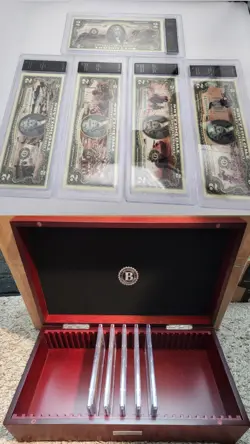 LOT OF 5 BRADFORD EXCHANGE COLORIZED $2 WW2 BATTLES NOTE COLLECTION W/BOX