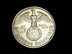 GERMANY THIRD REICH 5 REICHSMARK SILVER COIN 1938 A WW2 ERA. FINE, SILVER 900