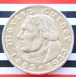 GERMAN 2 REICHSMARK 1933 J MARTIN LUTHER SILVER COIN 3RD REICH WW2 RARE MARK