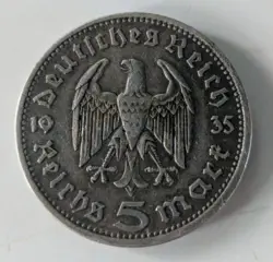 1935 WW2 GERMAN 5 MARK 90% SILVER COIN GERMANY PAUL VON HUNDENBURG