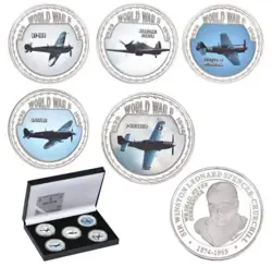 AIRCRAFT'S OF WWLL - SIR WINSTON CHURCHILL X5 SILVER COINS WITH DISPLAY BOX