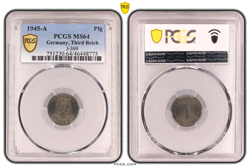 PCGS MS64 1 PFENNIG 1945 A SWASTIKA GERMANY THIRD REICH J-369 ZINC COIN WW2 PFG